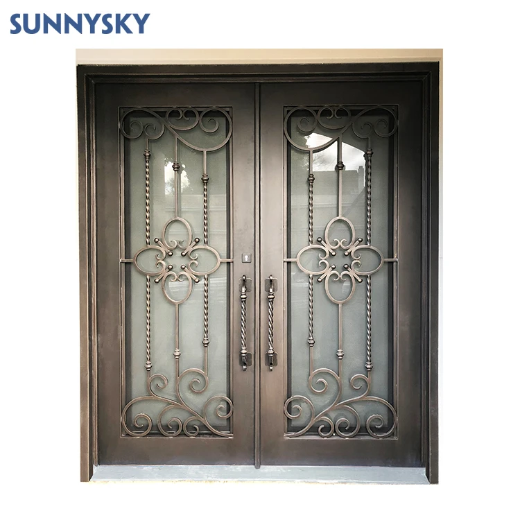 Sunnysky Hot-Sale Handcrafted Custom Wrought Iron Door with double tempered glass
