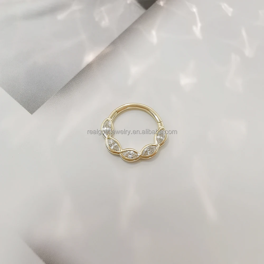 AU585 14k Solid Yellow Gold Body Jewelry Classic Unisex Cartilage Earrings Cute Zircon Fine Septum Nose Ring