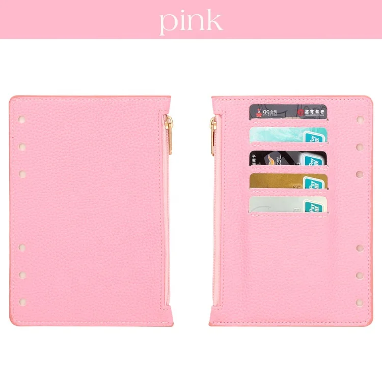 Hongbo Best Selling School/Office Gift 9-Colored A6 Soft Genuine Litchi Leather Loose Fly Leaf with Card Slots & Zippered Pouch