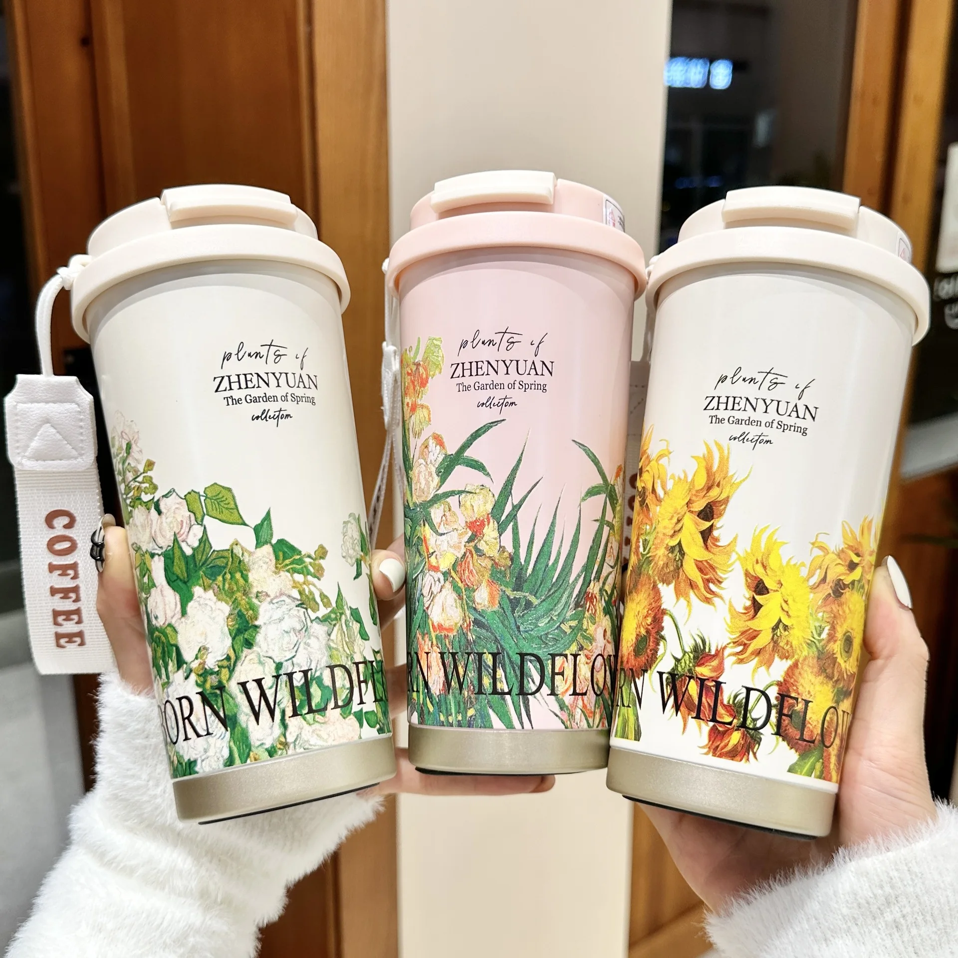 Seaygift 2024 newest travel portable Irises gardenia flower stainless steel vacuum insulated thermos coffee tumbler cup mugs