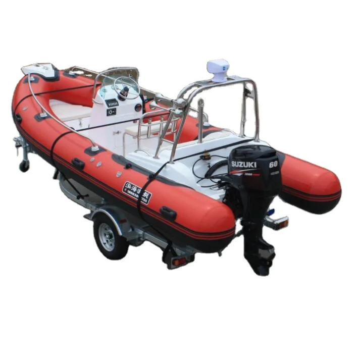 CE 5.2m Red New style made in China fiberglass inflatable boat with two outboard engine and sound audio and suona