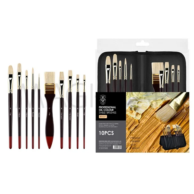 Hot sale Art Nation Professional grade Bristle oil painting brush 10 Piece canvas bag set Brown pen holder set.