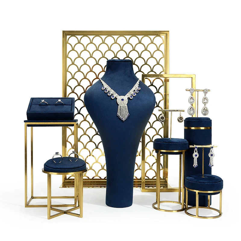 Luxury High Quality Blue Metal Wholesale custom DIY bracelet necklace ring earring holder jewelry display stand set