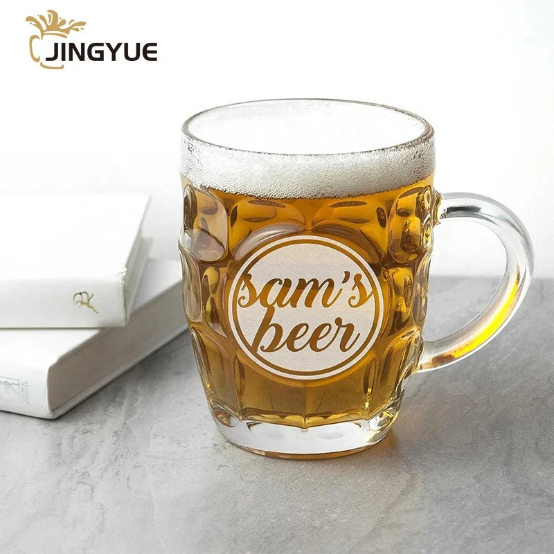 Jingyue Large Size Durable Personalised Custom Logo Engraved Dimpled Beer Glass Mug with Handle For Birthday Wedding Gift
