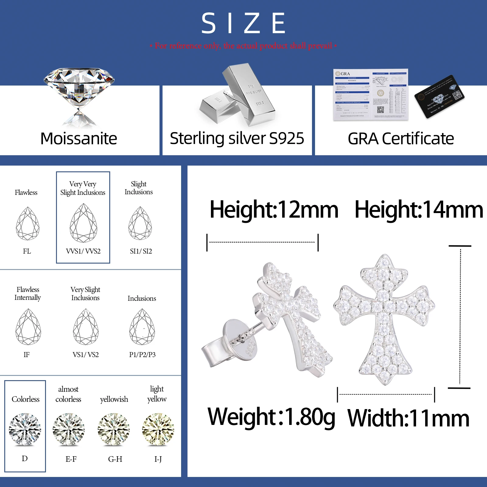 Fine Mens Christian Jewelry White Gold 925 Sterling Silver Vvs Moissanite Diamond Cross Stud Earrings For Party