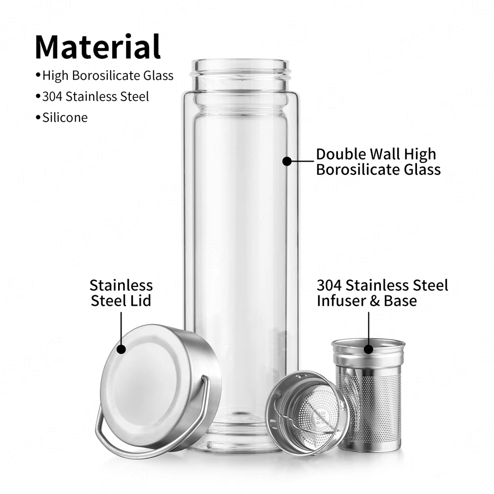 Emode Tea Tumbler with Infuser Double Wall Glass Travel Tea Mug with Stainless Steel Filter for Loose Leaf Tea and Fruit Water