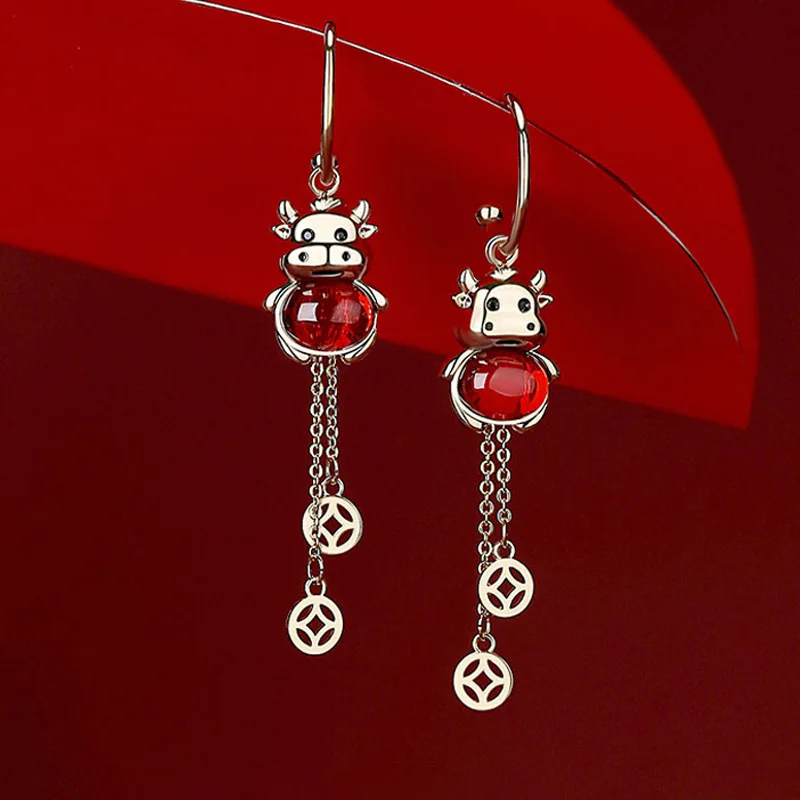 Новинка серебряные серьги S925 с иглами зодиака Hongyun Ox монетами благоприятного Нового года длинные