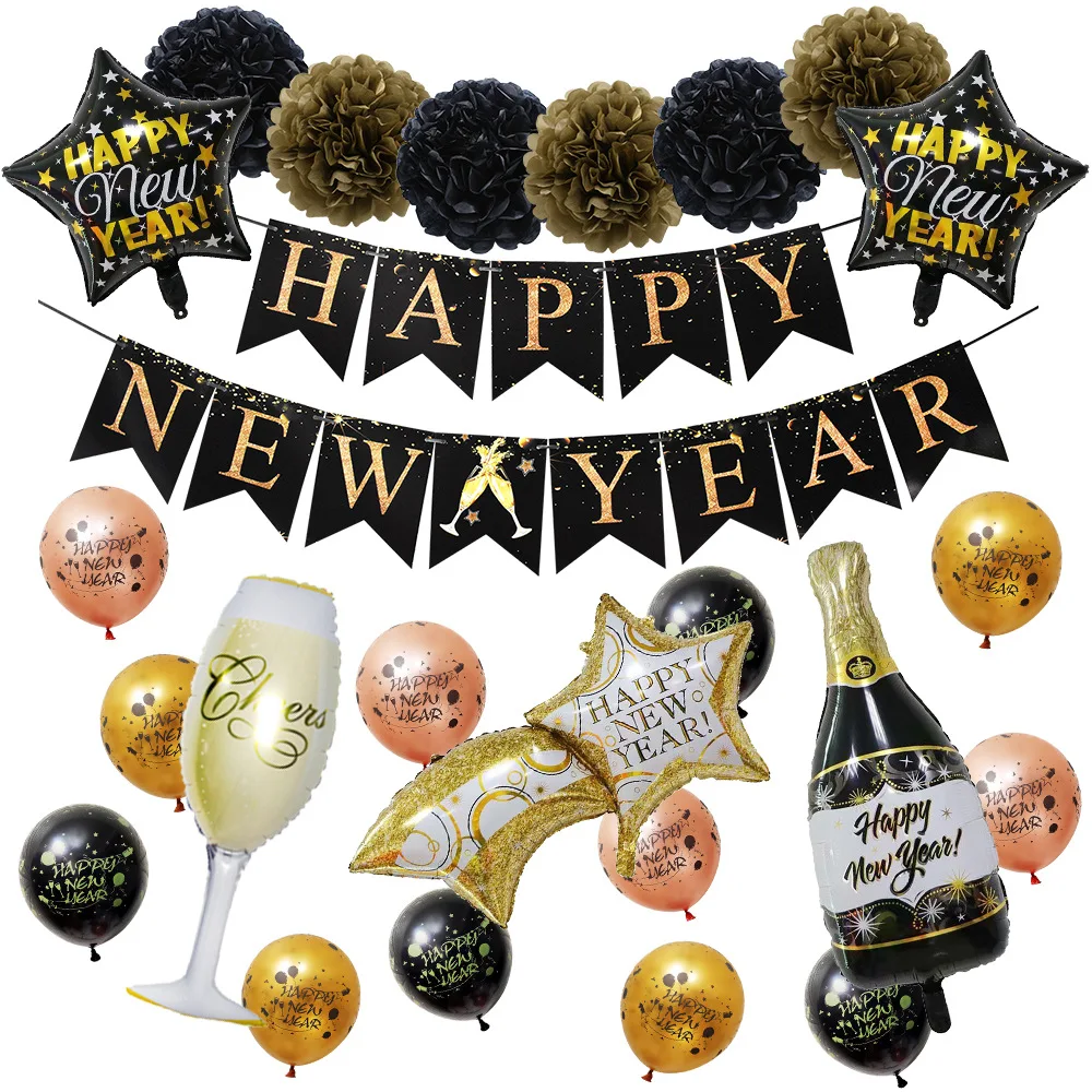 
Happy New Years Eve Party Favor Decoration Kit Supplies Paper Lanterns Tissue Paper Flowers Pom Poms Hanging Paper Fans 