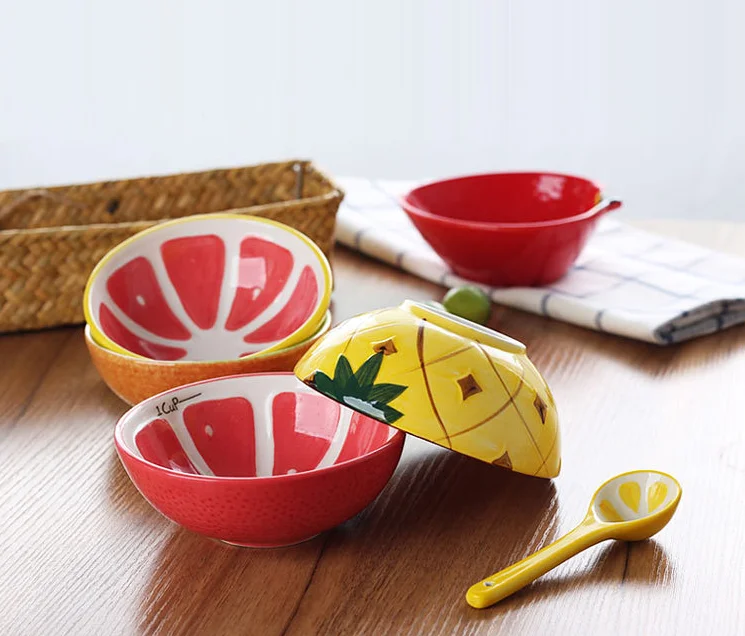 korean ceramic watermelon cereal rice bowl with spoon