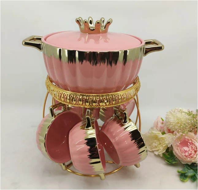 4 Color Luxury Ceramic Soup Pot And Bowl Set Porcelain Soup Tureen Ceramic Soup Set With Stand