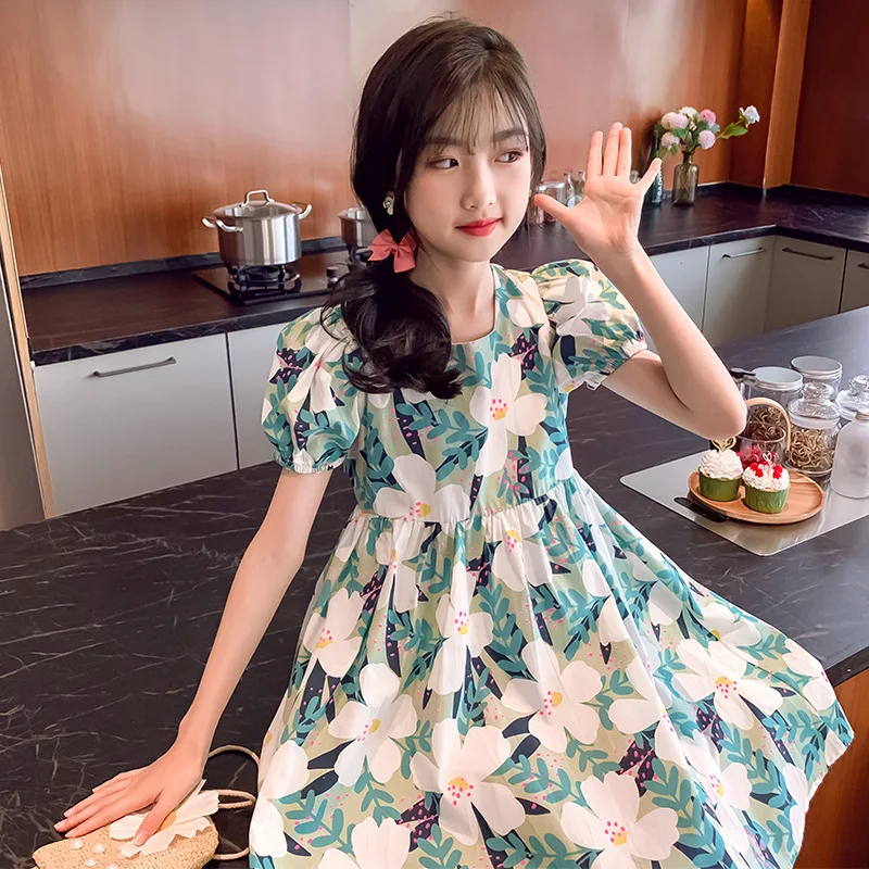 2022 Summer New Design Kids Girls Dress 4-9 Year old Short Sleeve Girl Dress with Free Flower Bag