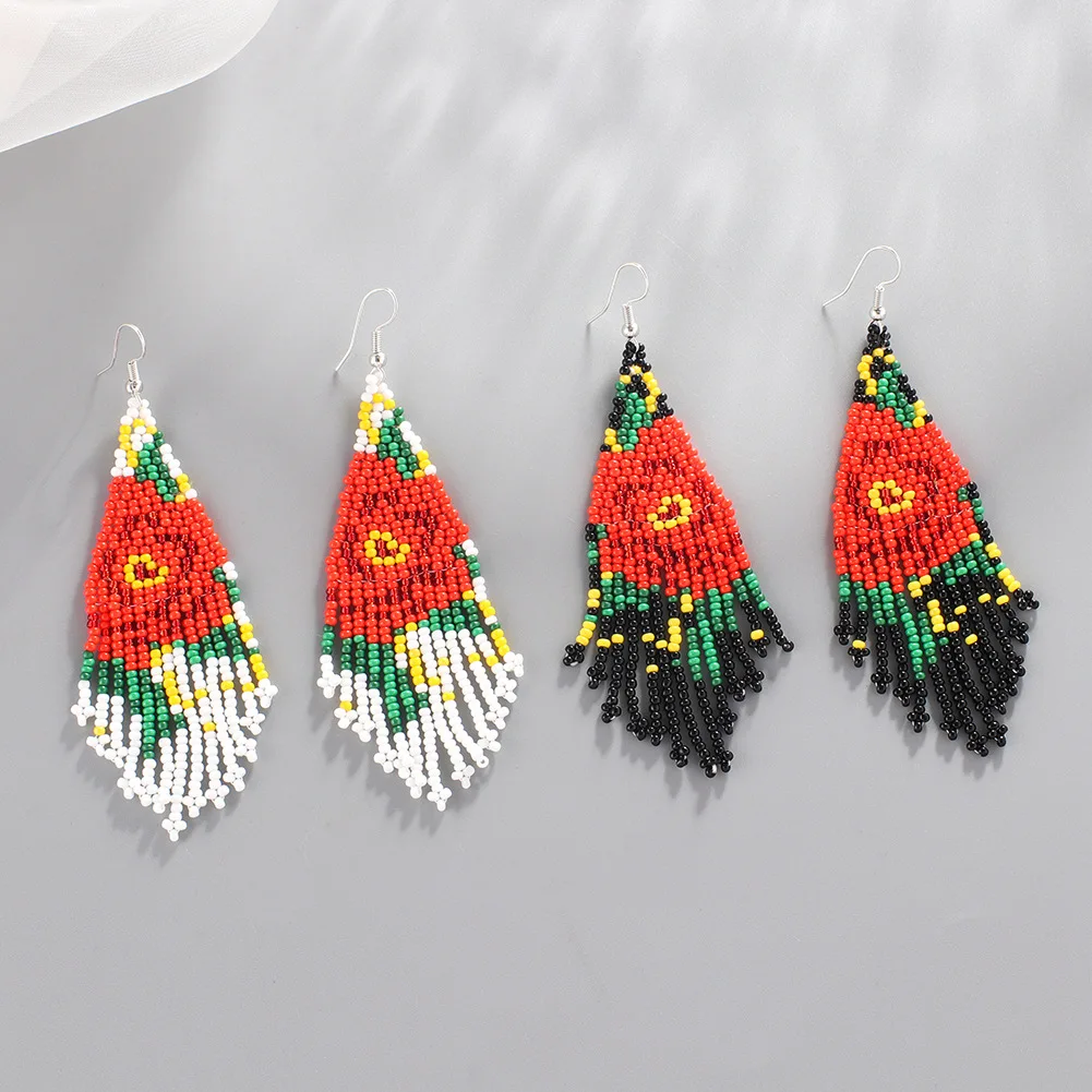 Black Blue Red Beaded Fringe Earrings Beadwork Long Rose Earring Dangle Boho Jewelry