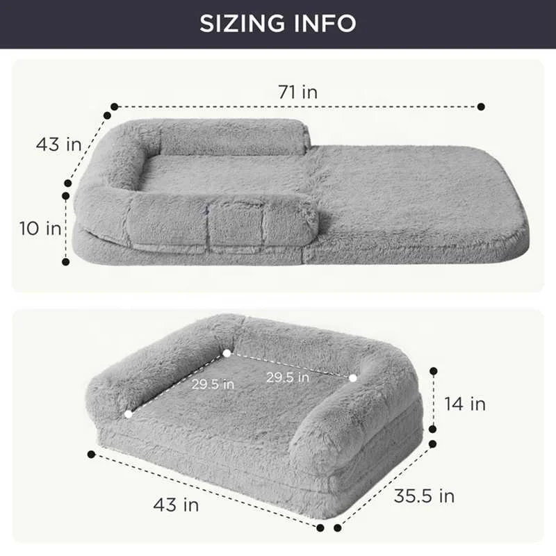 Foldable Human Dog Bed for People 2 in 1 Calming Human Size Giant Dog Bed Egg Foam Supportive Mat Faux Fur Orthopedic Dog Sofa