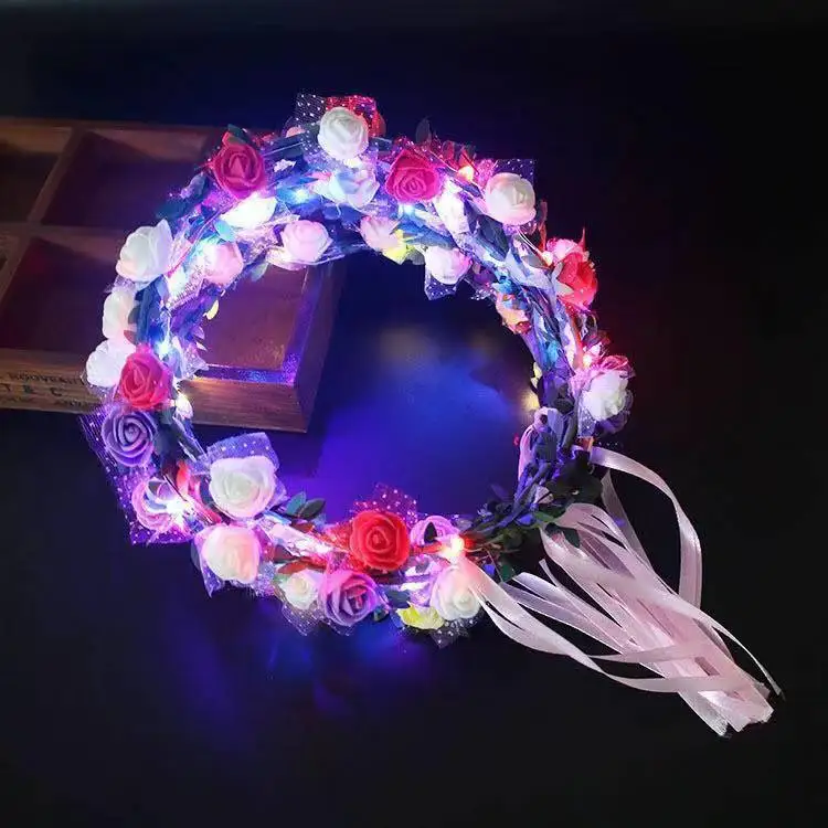 LED Hair Decoration Hawaii Beach Wedding Silk Flower Head Wreath Rose Leaf Garland