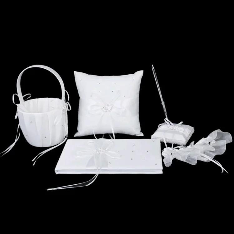 Wedding Decoration sets/Bowknot heart Drill flower basket+ring pillow+guest book+pen set+garter