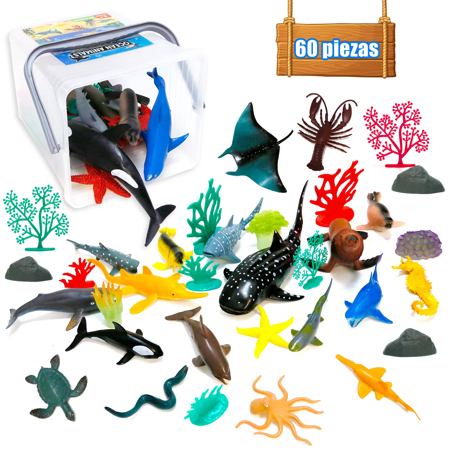 Ocean Sea Animals Figures, 60 Pack Life Creatures toy Set, STEM Educational Shower Bath Toys Gift  with Turtle Octopus Shark