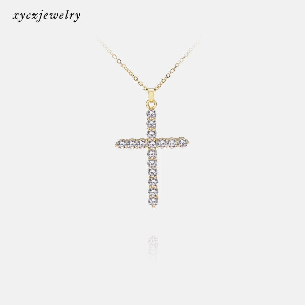 Classic 18k gold brass jewelry wholesale white 3A CZ pendant cross necklace