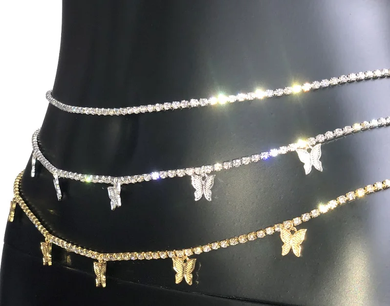  Belly Chain Bohemian Charm Jewelry Bulk Cotton String Cord Rhinestone crystal Butterfly Waist Bead Clasp sexy body
