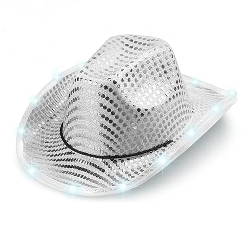High Quality Bulk Light Up Glitter Western Party Concert Costume Unisex Cowboy Hats With LED Flashing Lights Adjustable Straps