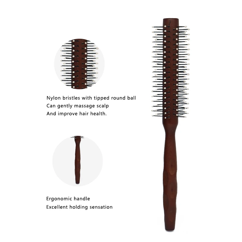 Professional Barber Tool Natural Wooden Handle Hair Roller Brush Curling Comb Detangling Round Hairbrush with Massage Home Salon
