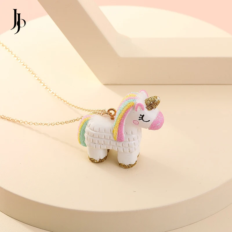 JOJO Fashion Cute Cartoon Rainbow Resin Unicorn Girls Kids Necklace Pendant Jewelry