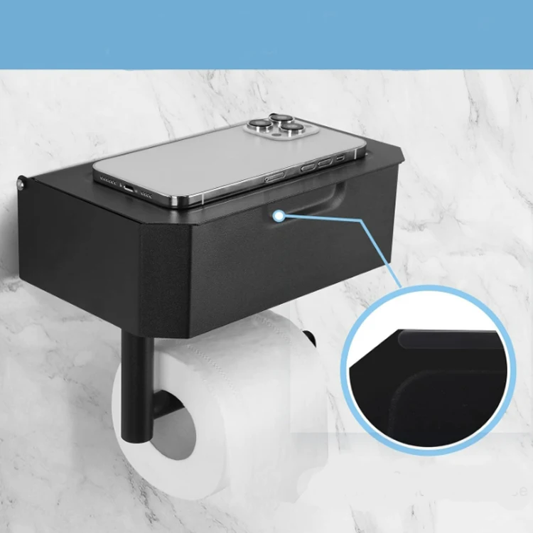 Jutye Bathroom Modern Style Black Phone Shelf Lid Storage Box Toilet Paper Holder With Storage