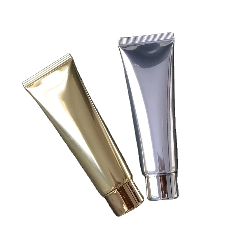 luxury high quality 50ml 100ml shiny soft aluminum plastic tube silver/gold aluminum cream soft tube serum bottle with flip lid
