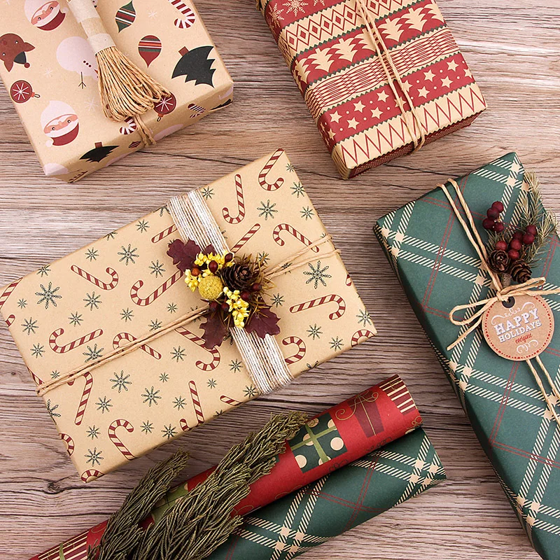 Custom Logo Printed Christmas Style Kraft Paper Gift Roll Durable Virgin Pulp Wrapping Paper Packaging