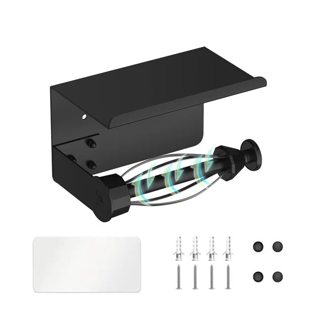 Matt Black Toilet Paper Tissue Holder w Damping Mechanism and Phone Storage Shelf Single Hand  Operable Adhesive Stainless Steel