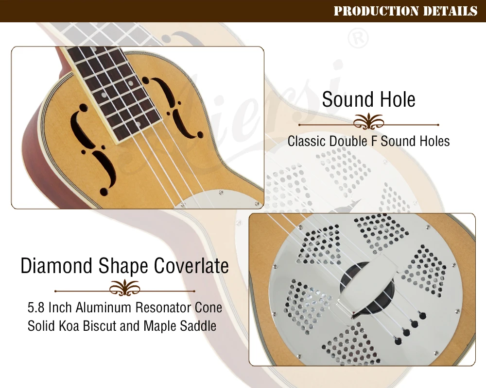 Aiersi brand China made 26 Inch Tenor F Holes Spruce Top Resonator Ukulele travel guitar with case