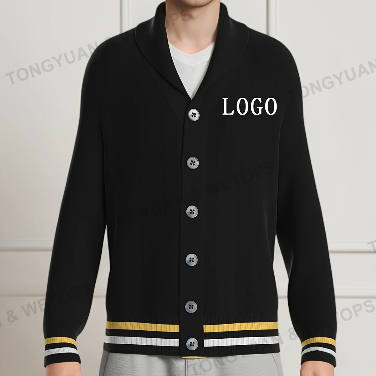 FAMA BSCI Plus Size Men Clothing Custom OEM & ODM Twist Cardigan Sweaters V neck Greek Sweater Black knitted Oversized Cardigan