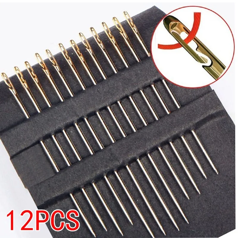 12pcs Self-Threading Sewing Needles Kit Stainless Steel Quick Automatic Thread Needle Stitching Pins DIY Punch Needle Threader