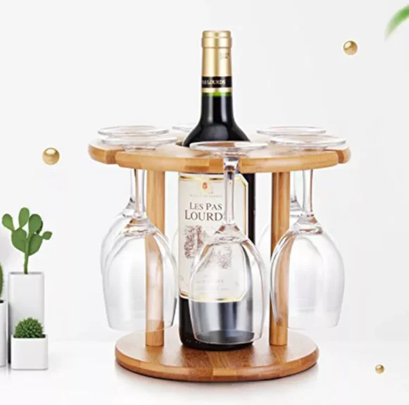 Wine Bottle Holder and 6  Glass Goblets Drying Rack Bamboo Wine Rack for Bar and Kitchen