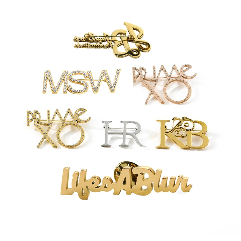 Custom stainless steel Gold Rhinestone Brooch Pin no fading jewelry women Vintage letter Broche with Rhinestone