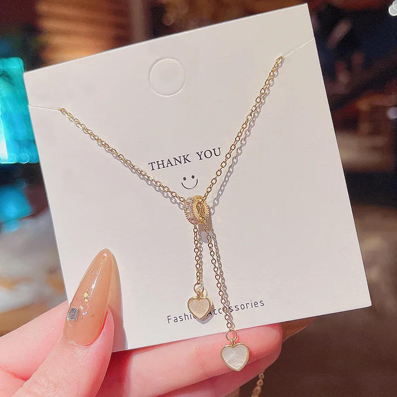 tassel double heart necklace women acrylic Titanium steel necklace Fashion wild Internet celebrity clavicle chain