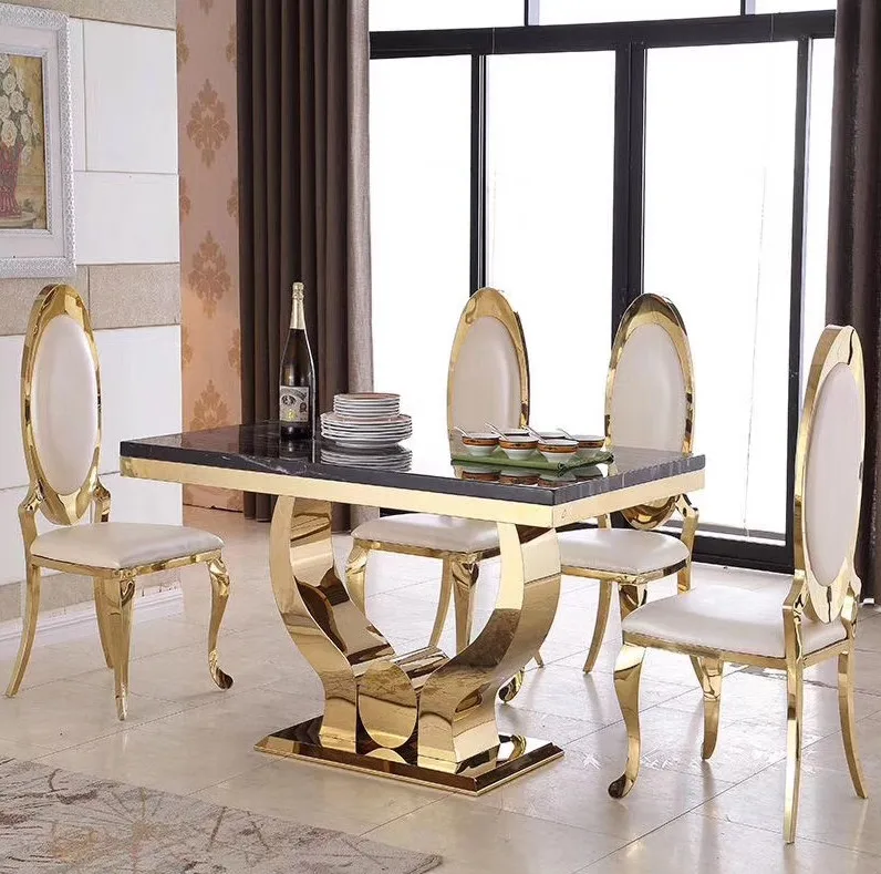 2021 Modern Furniture kitchen dinning table and 6 chair Luxury restaurant metal stainless steel dining room sets dining tables