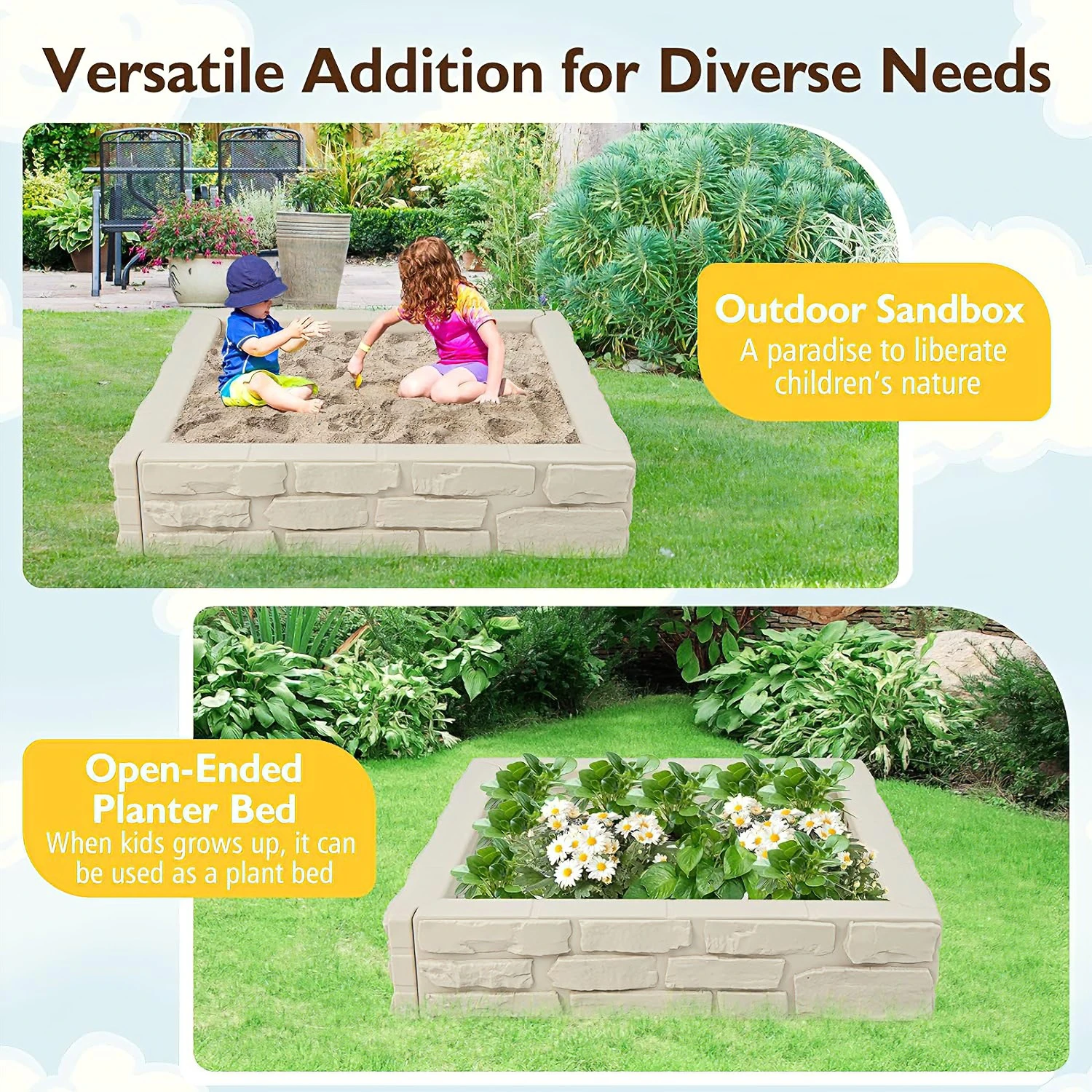 Stylish Durable HDPE 4ft Square Stone-wall Raised Garden Bed Planter for Outdoor Courtyard Garden Park Villa