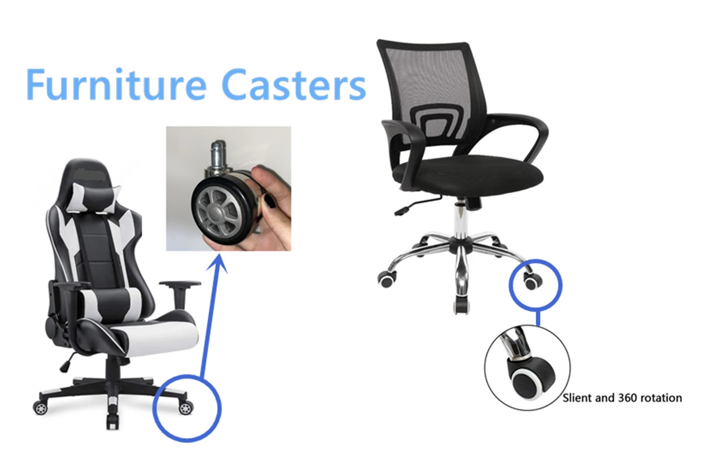 50/63/75mm Plastic PP Nylon PU Wheel Furniture Castors with Grip Ring Stem for Office Chairs