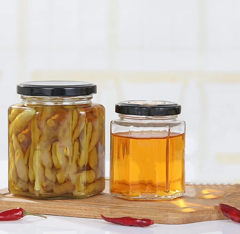 Factory Made Empty Hexagon Honey Jar Glass Food Storage Packaging 180ml 280ml Glass Bee Honey Jars