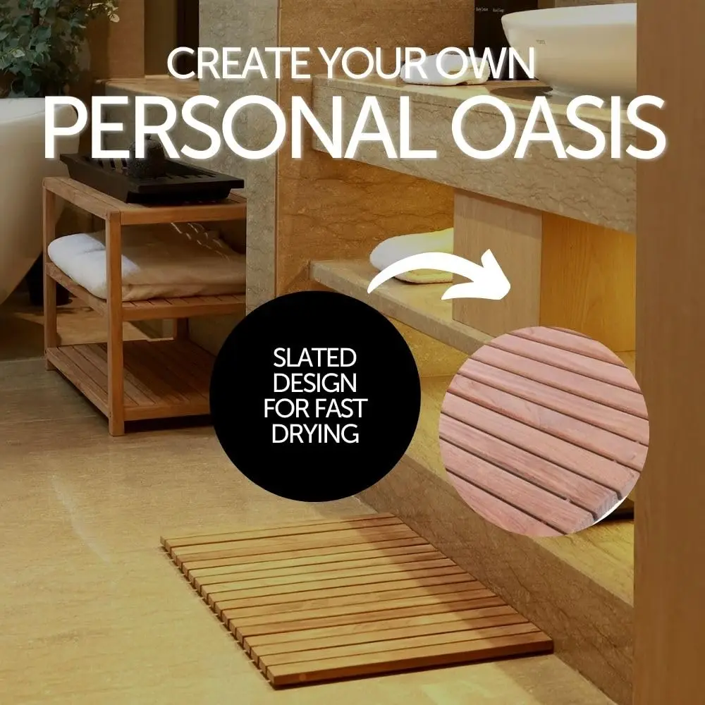 Teak Shower and Bath String Mat - Indoor and Outdoor Use - Non-Slip Wooden Platform for Sauna, Pool, Hot Tub Flooring Decor