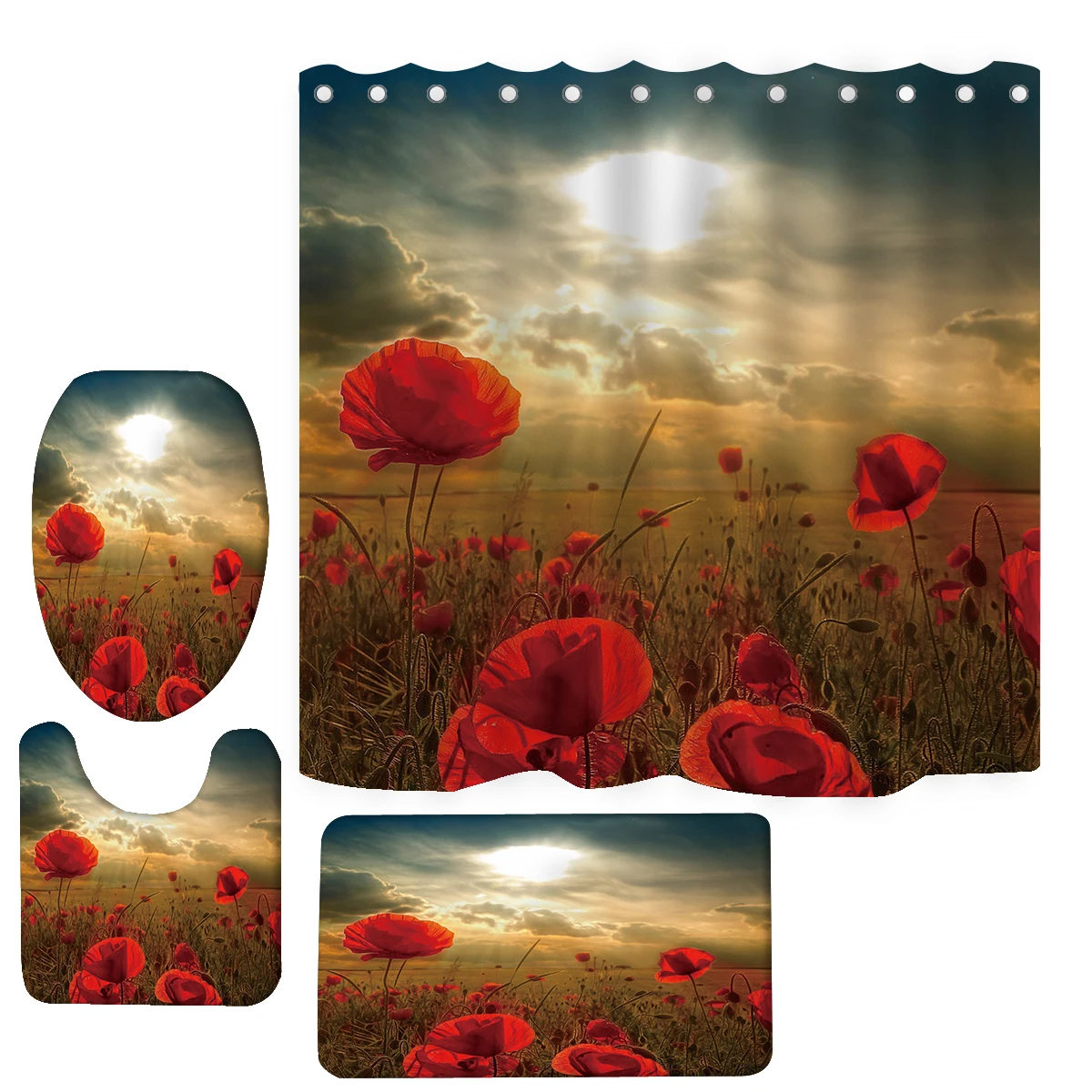 4 Piece Shower Curtain Sets Gold rose with Non-Slip Rug Toilet Lid Cover and Bath Mat Flower Bathroom Decor Accessories