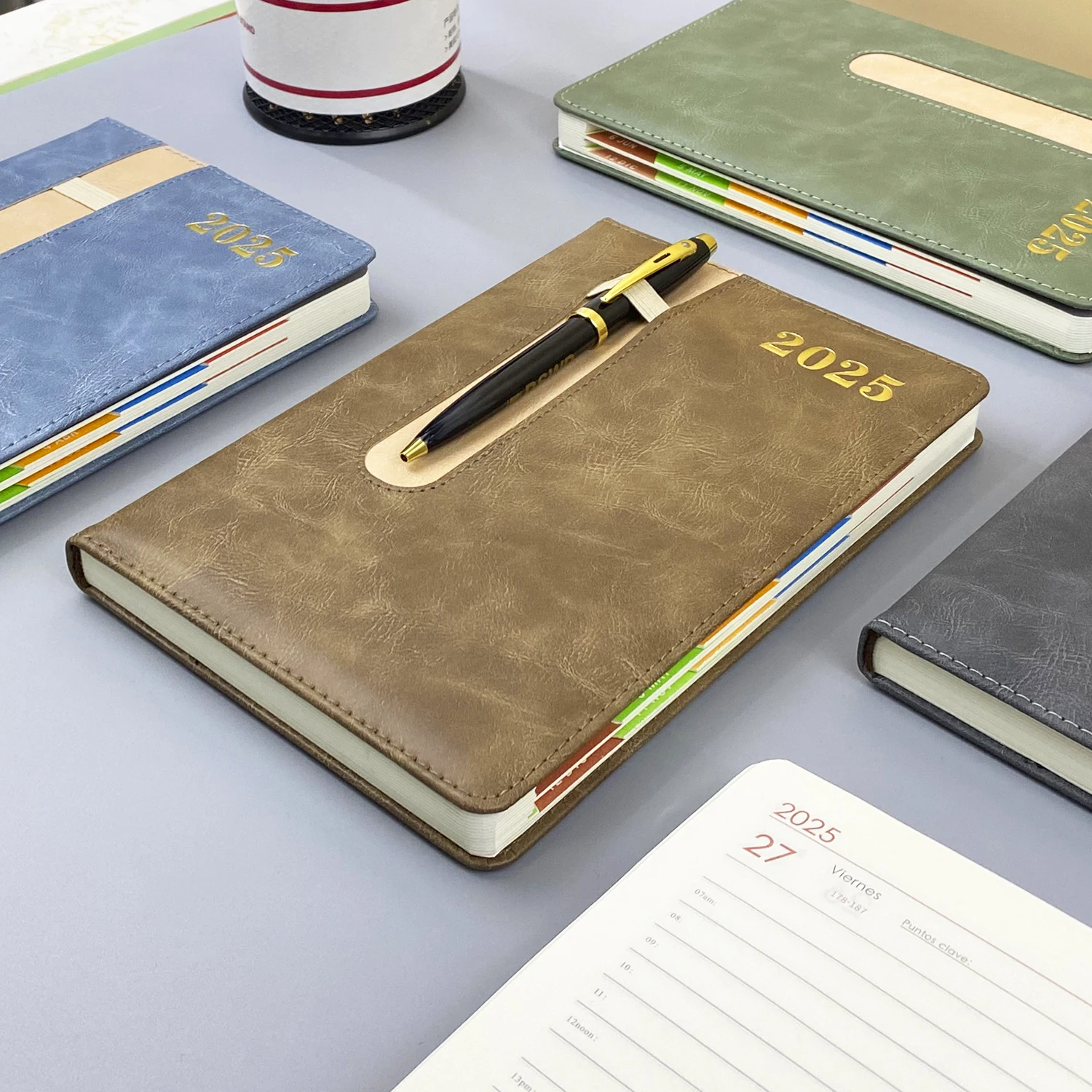 2025 Custom Logo Soft Pu Leather Cover A5 Spanish Diary Planner Journal Agendas Notebook with Pen