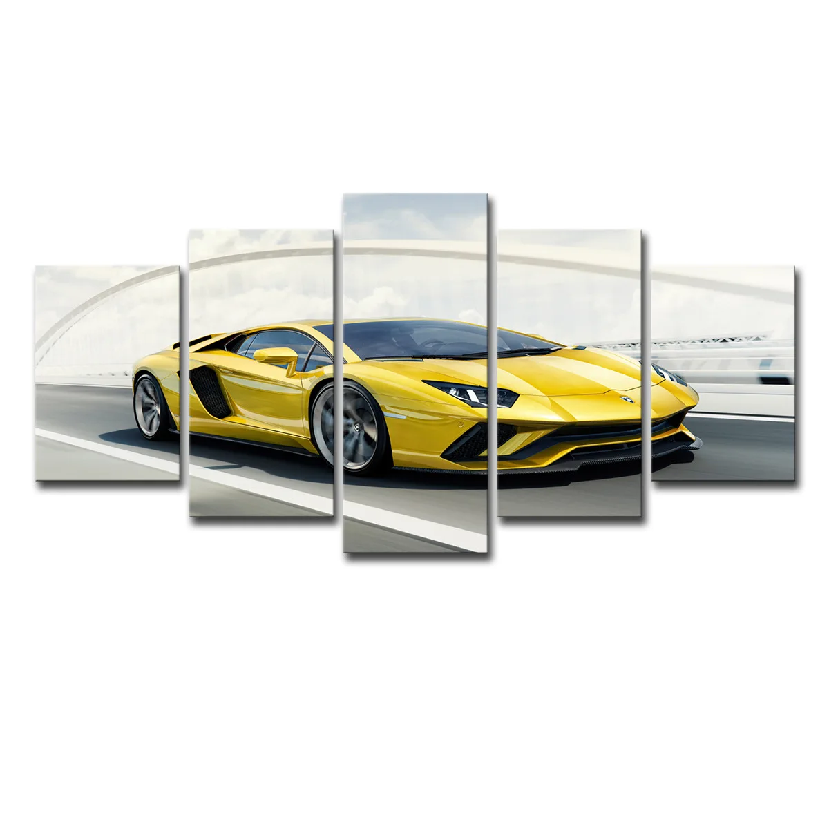 Высокое разрешение 5 панелей спорт супер автомобиль желтый Lamborghini полиэстер холст Художественная печать с защитой от воды