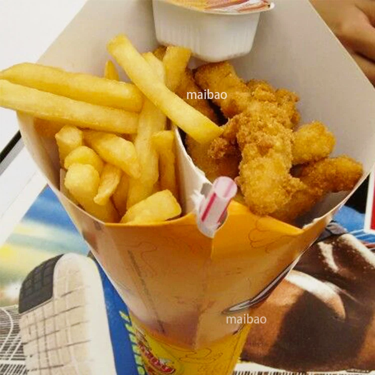 Disposable 2 in 1 drink and snack cups fries fried chicken divider paper cone juice takeaway cup food container cup with straw
