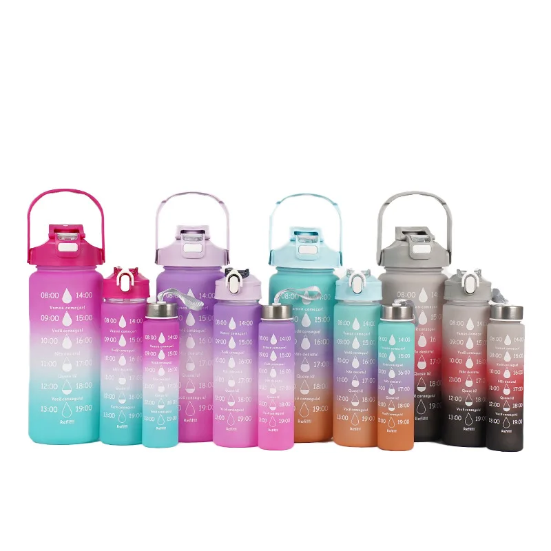Straw Plastic Sports 2000ml Gradient 3pcs Set Water Bottle  With Time Marker With Straw