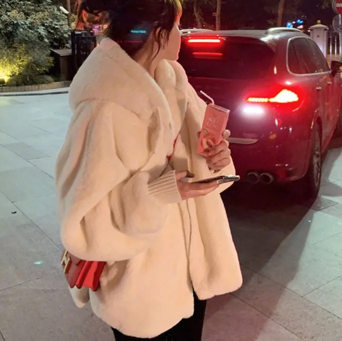 Autumn And Winter Lamb Fur Plush Faux Rex Rabbit Fur Hooded Loose Coat For Women