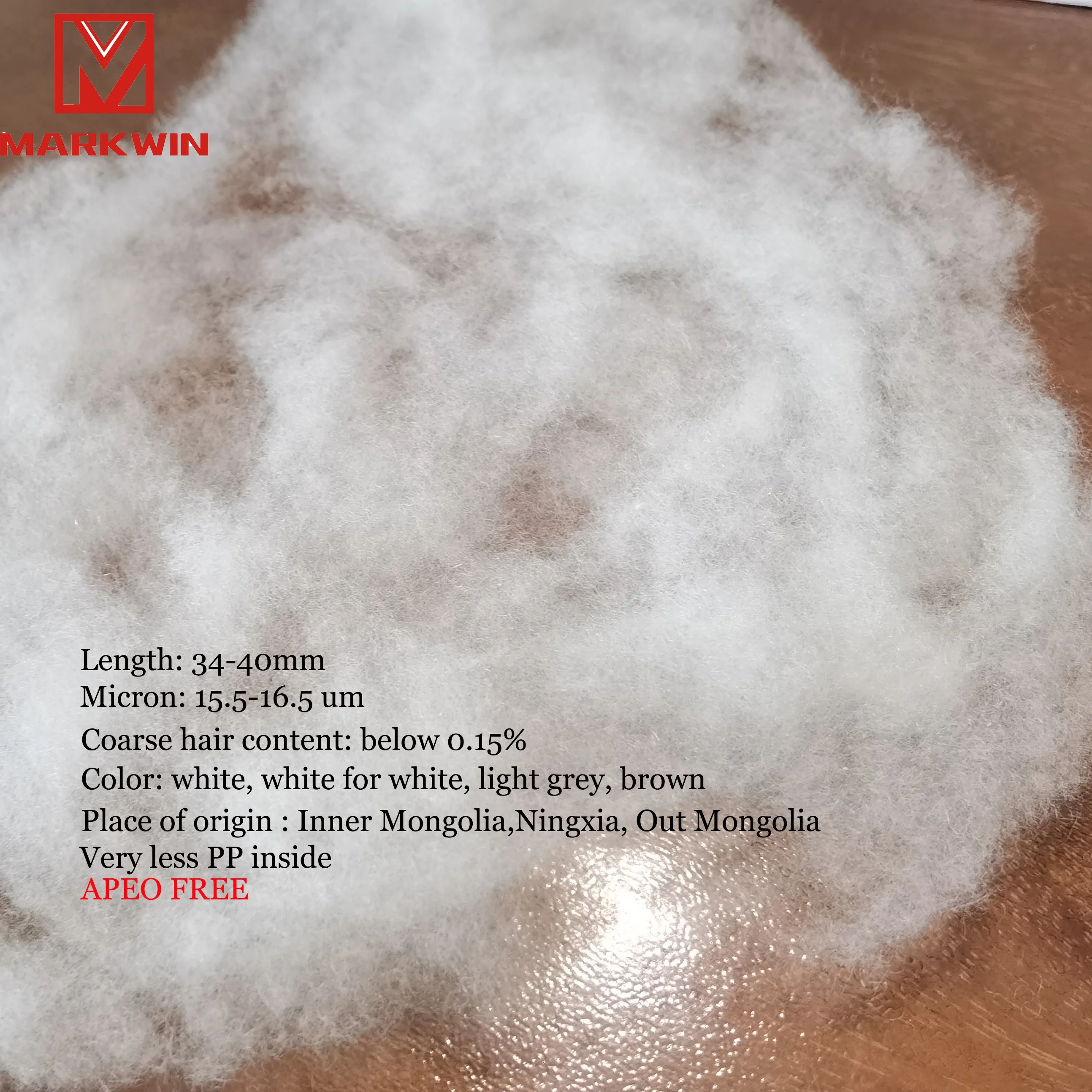 Markwin manufacturer 100% dehaired cashmere fiber Alxa League goat High Quality SFA 30-34mm 16.0-16.5mic free