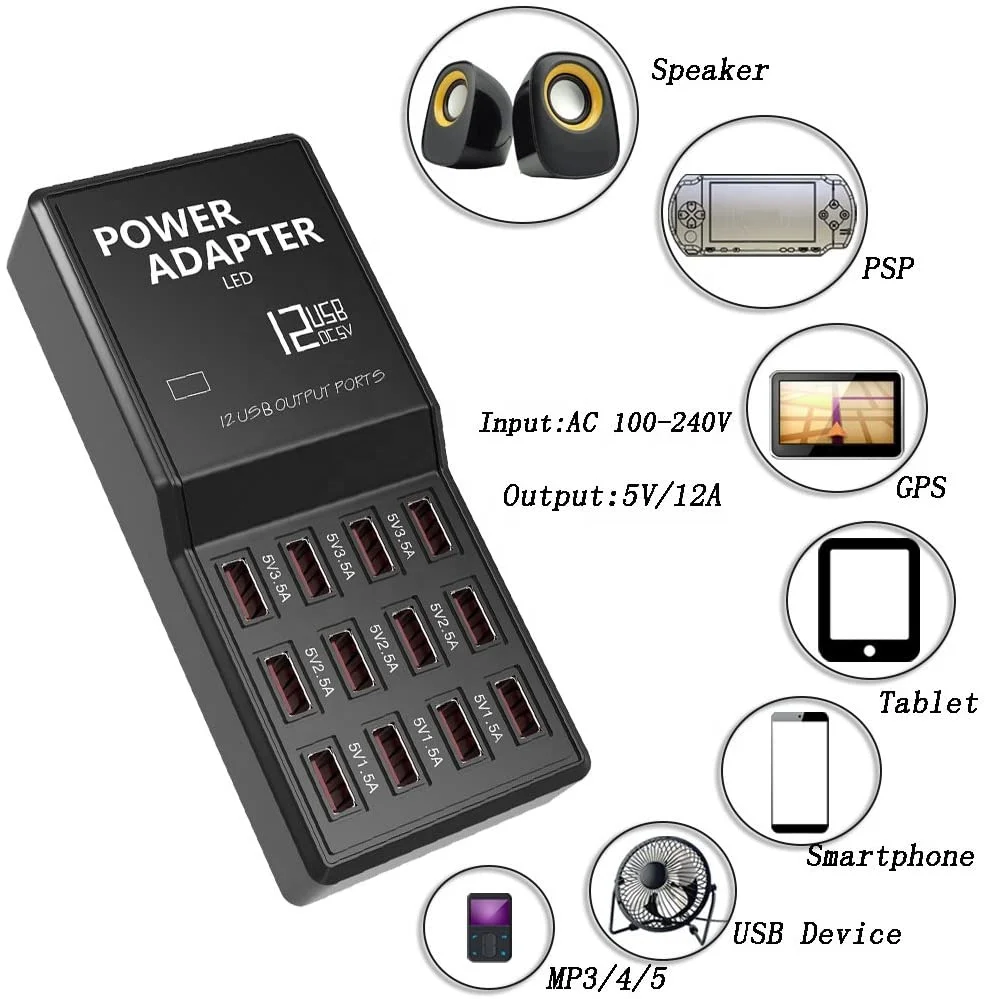 Multi Port USB Charger 12 Port 60W 12A Desktop USB Charging Station USB Portable Powered Devices