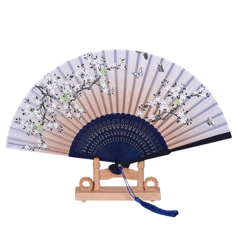 Vintage Chinese Japanese Fabric Floral Spun Silk Flower Printing Hand Fan Folding Hollow Carved Hand Fan Party Wedding Hand Fan