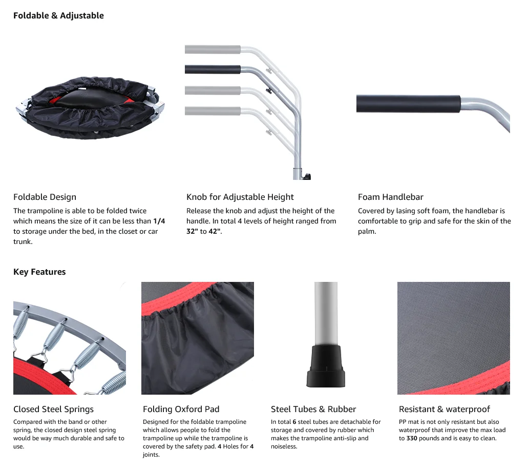 Low Price Foldable Mini Trampoline Fitness Exercise Trampoline With Adjustable Foam Handle